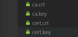 Screenshot of file directory showing the files: ca.crt, ca.key, cert.crt, cert.key